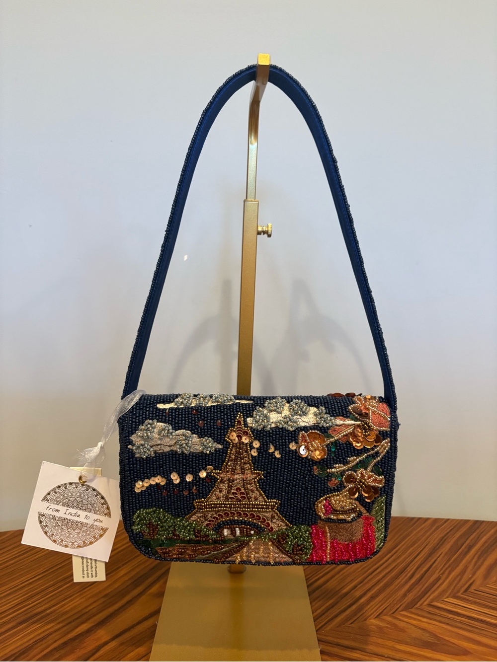 Beaded Eiffel Tower/Paris Shoulder Bag - Nav